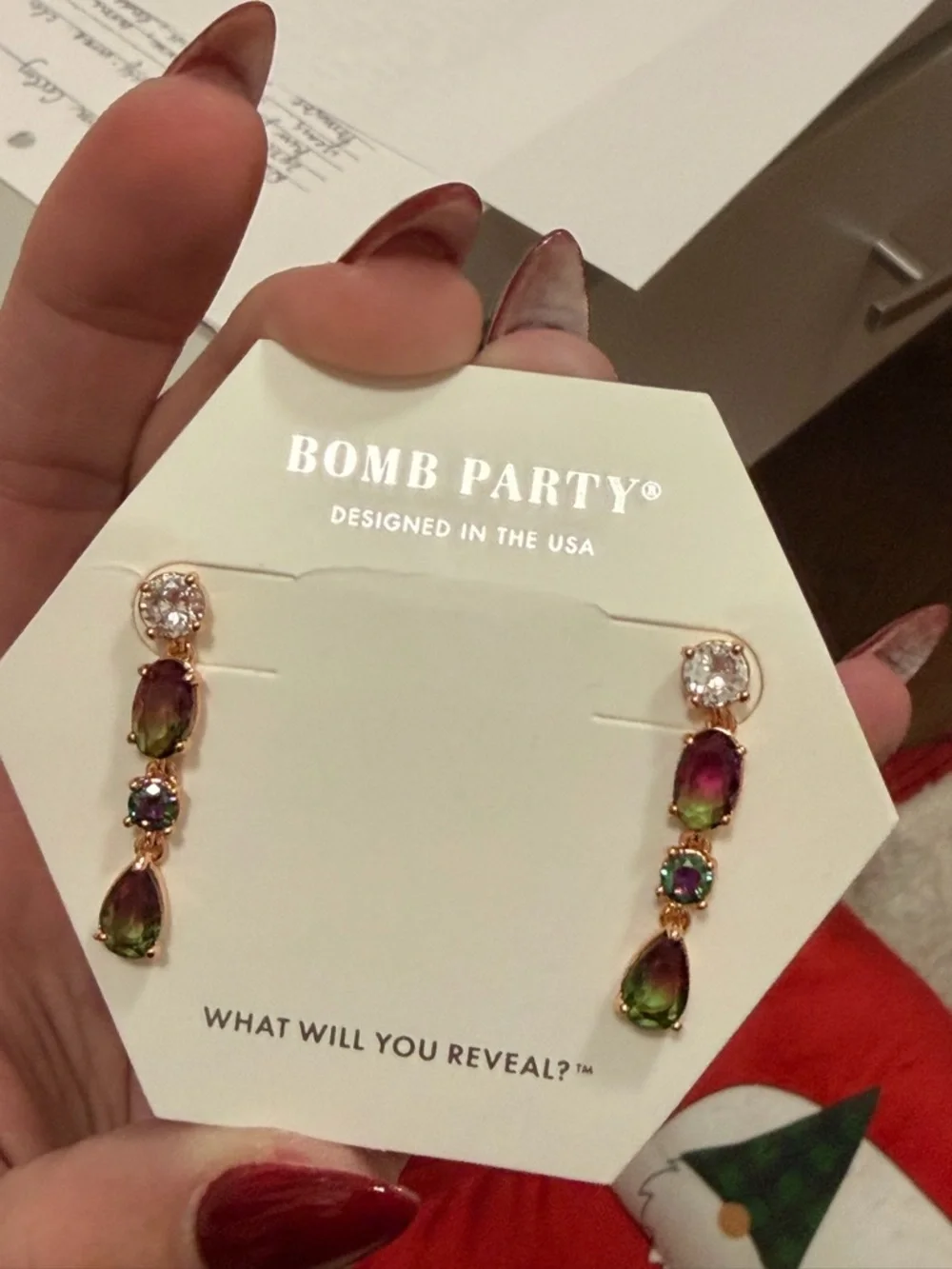 BOMB PARTY Gold-Tone Green & Iridescent Drop Earrings - Picture 6 of 8